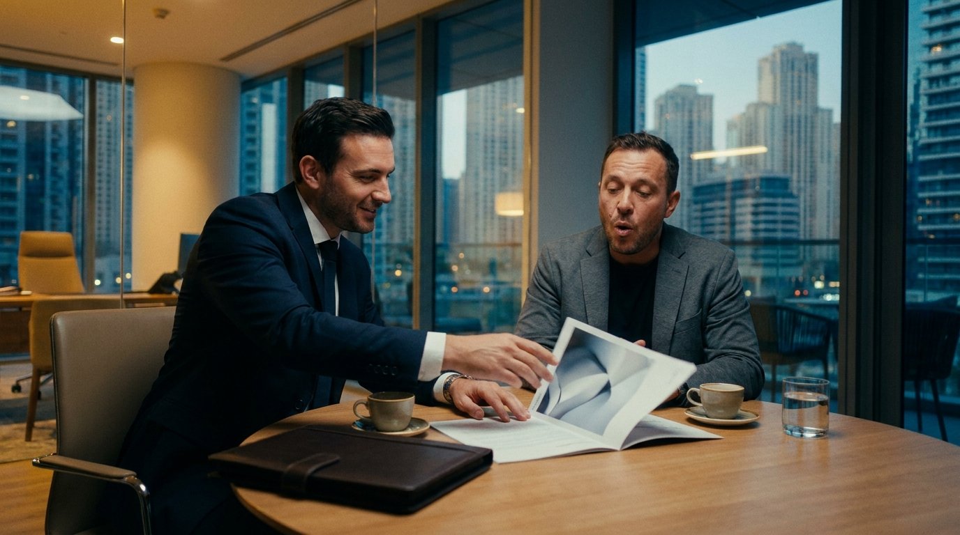 Tax advisor walking a client through a corporate tax return in a Dubai office